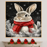 "Cozy Snow Bunny" - Bunny in Red Scarf Sitting in Winter Snow on Ready to Hang 1.5" Thick Canvas Wrap, Floating Framed Canvas, Flat Rolled Canvas
